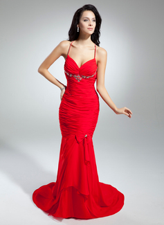 Mermaid V-neck Court Train Chiffon Evening Dress With Ruffle Beading (017014897)