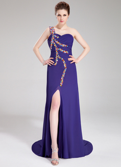 Sheath One-Shoulder Watteau Train Chiffon Evening Dress With Ruffle Beading (017019573)