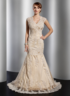 Mermaid V-neck Court Train Satin Tulle Wedding Dress With Lace Beadwork (002014773)