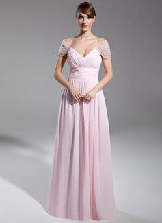 A-Line/Princess Off-the-Shoulder Floor-Length Chiffon Tulle Evening Dress With Ruffle Beading (008014708)