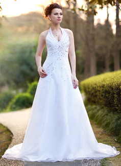A-Line/Princess Halter Chapel Train Organza Satin Wedding Dress With Beadwork Sequins (002000386)