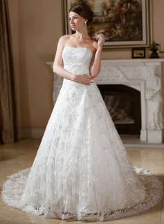 Ball-Gown Strapless Chapel Train Satin Lace Wedding Dress With Beadwork (002012133)