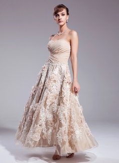 A-Line/Princess Sweetheart Ankle-Length Chiffon Satin Lace Wedding Dress With Ruffle Flower(s) Sequins (002012841)