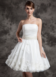 A-Line/Princess Strapless Knee-Length Organza Wedding Dress With Ruffle Beadwork Flower(s) (002024080)