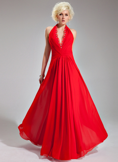 A-Line/Princess Halter Floor-Length Chiffon Evening Dress With Ruffle Lace Beading (017019761)