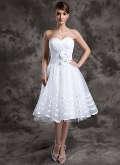 A-Line/Princess Sweetheart Knee-Length Taffeta Organza Wedding Dress With Ruffle Flower(s) (002014974)