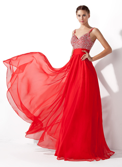 A-Line/Princess V-neck Floor-Length Chiffon Prom Dress With Ruffle Beading Sequins (018005105)