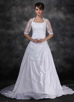 A-Line/Princess Scoop Neck Chapel Train Taffeta Tulle Wedding Dress With Ruffle Lace (002017121)