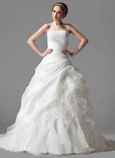Ball-Gown Strapless Chapel Train Taffeta Organza Wedding Dress With Ruffle Lace (002004523)