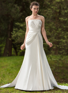 Sheath/Column Strapless Watteau Train Satin Wedding Dress With Ruffle Beadwork (002012751)