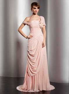 A-Line/Princess Off-the-Shoulder Watteau Train Chiffon Evening Dress With Ruffle Flower(s) (017014578)