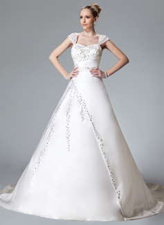 Ball-Gown Sweetheart Chapel Train Satin Wedding Dress With Embroidery Beadwork (002000558)