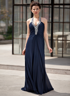 A-Line/Princess Halter Sweep Train Chiffon Evening Dress With Ruffle Beading (017022927)