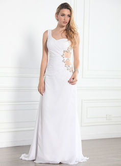 Fascinating Mermaid One-Shoulder Sweep Train Chiffon Charmeuse Evening Dresses With Ruffle Beading (017004345)