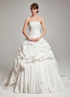 Ball-Gown Strapless Sweep Train Taffeta Wedding Dress With Ruffle Lace Beadwork (002017561)