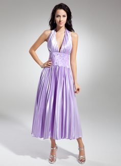 A-Line/Princess Halter Tea-Length Charmeuse Homecoming Dress With Ruffle Lace Beading (022014973)