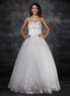 Ball-Gown Sweetheart Floor-Length Satin Tulle Wedding Dress With Lace Beadwork Flower(s) Sequins (002017122)