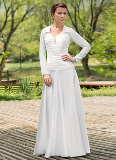 A-Line/Princess Scoop Neck Floor-Length Chiffon Satin Wedding Dress With Ruffle Beadwork (002012022)