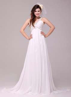 Empire V-neck Court Train Chiffon Wedding Dress With Ruffle Beadwork (002014031)
