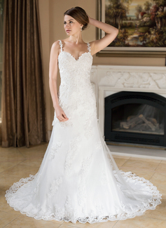 A-Line/Princess Sweetheart Court Train Satin Tulle Wedding Dress With Lace Beadwork (002000379)