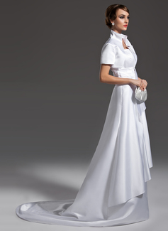 A-Line/Princess Scalloped Neck Court Train Satin Wedding Dress With Ruffle (002011985)
