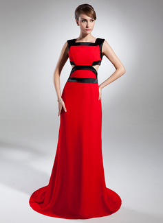 Sheath Square Necklin Court Train Chiffon Charmeuse Evening Dress With Sash (008015393)