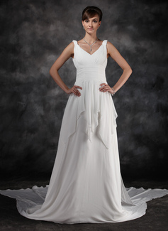 A-Line/Princess V-neck Watteau Train Chiffon Wedding Dress With Ruffle (002000565)