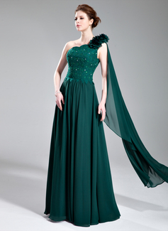A-Line/Princess One-Shoulder Floor-Length Chiffon Charmeuse Evening Dress With Lace Beading Flower(s) (017019727)