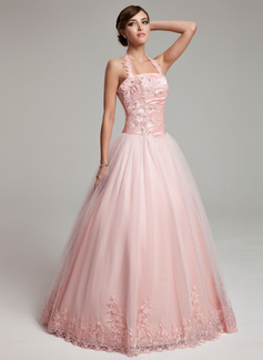 Corte de baile Escote halter Hasta el suelo Tafetán Tul Vestido de quinceañera con Volantes Encaje Bordoneado (021002881)