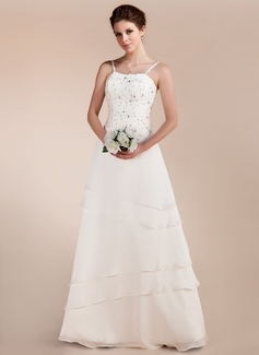 A-Line/Princess Sweetheart Floor-Length Chiffon Satin Wedding Dress With Lace Beadwork (002011644)