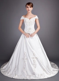 Ball-Gown Off-the-Shoulder Chapel Train Satin Tulle Wedding Dress With Embroidery Beadwork Sequins (002012813)