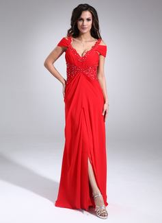 A-Line/Princess V-neck Floor-Length Chiffon Evening Dress With Ruffle Lace Beading (017020677)