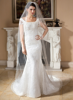 Mermaid Square Neckline Court Train Satin Lace Wedding Dress With Beadwork (002000257)