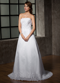 A-Line/Princess Strapless Court Train Organza Satin Wedding Dress With Ruffle Lace Beadwork (002001223)
