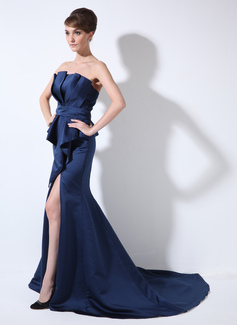 Mermaid Scalloped Neck Court Train Satin Evening Dress With Ruffle (008006320)