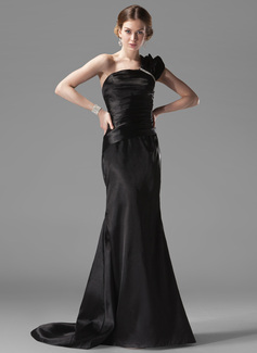 Charming Mermaid One-Shoulder Court Train Charmeuse Evening Dresses with Ruffle  Beading (017002536)