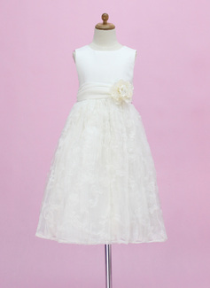 A-Line/Princess Scoop Neck Ankle-Length Satin Tulle Flower Girl Dress With Beading Flower(s) (010005340)