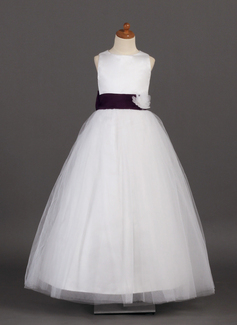 A-Line/Princess Scoop Neck Ankle-Length Satin Tulle Flower Girl Dress With Sash Flower(s) (010002142)