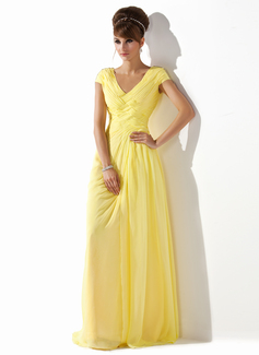 A-Line/Princess V-neck Floor-Length Chiffon Prom Dress With Ruffle Beading (018005580)