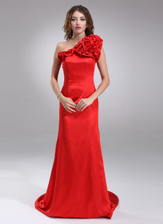 A-Line/Princess One-Shoulder Court Train Charmeuse Evening Dress With Flower(s) (017022542)