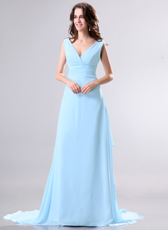 A-Line/Princess V-neck Watteau Train Chiffon Mother of the Bride Dress With Ruffle (008014269)