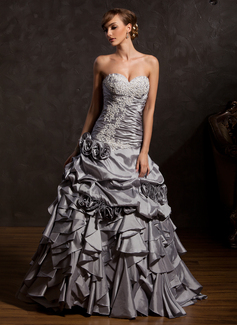 Ball-Gown Sweetheart Floor-Length Taffeta Quinceanera Dress With Ruffle Lace Flower(s) (021015143)