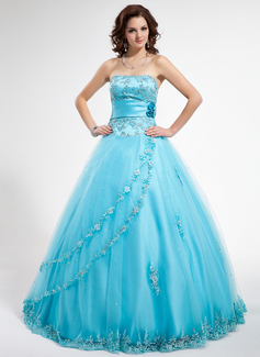 Ball-Gown Strapless Floor-Length Satin Tulle Quinceanera Dress With Lace Beading Flower(s) Sequins (021012796)