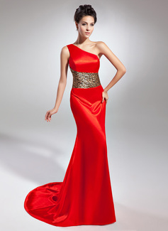 Sheath One-Shoulder Court Train Charmeuse Evening Dress (017015048)