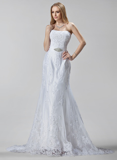 Sheath/Column Sweetheart Court Train Satin Tulle Wedding Dress With Embroidery Lace Beadwork Sequins (002005188)