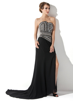 Sheath Scalloped Neck Sweep Train Chiffon Evening Dress With Beading (017005818)