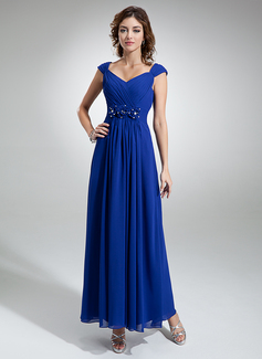 A-Line/Princess V-neck Ankle-Length Chiffon Evening Dress With Ruffle Beading Flower(s) (017020710)