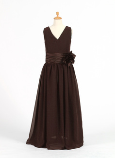 A-Line/Princess V-neck Floor-Length Chiffon Charmeuse Junior Bridesmaid Dress With Ruffle Flower(s) (009022482)