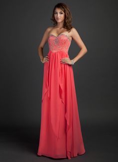 Corte imperial Escote corazón Hasta el suelo Chifón Vestido de baile de promoción con Bordoneado (018015340)