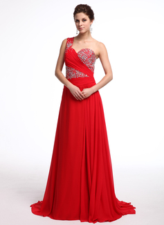 A-Line/Princess One-Shoulder Watteau Train Chiffon Evening Dress With Ruffle Beading (017026236)